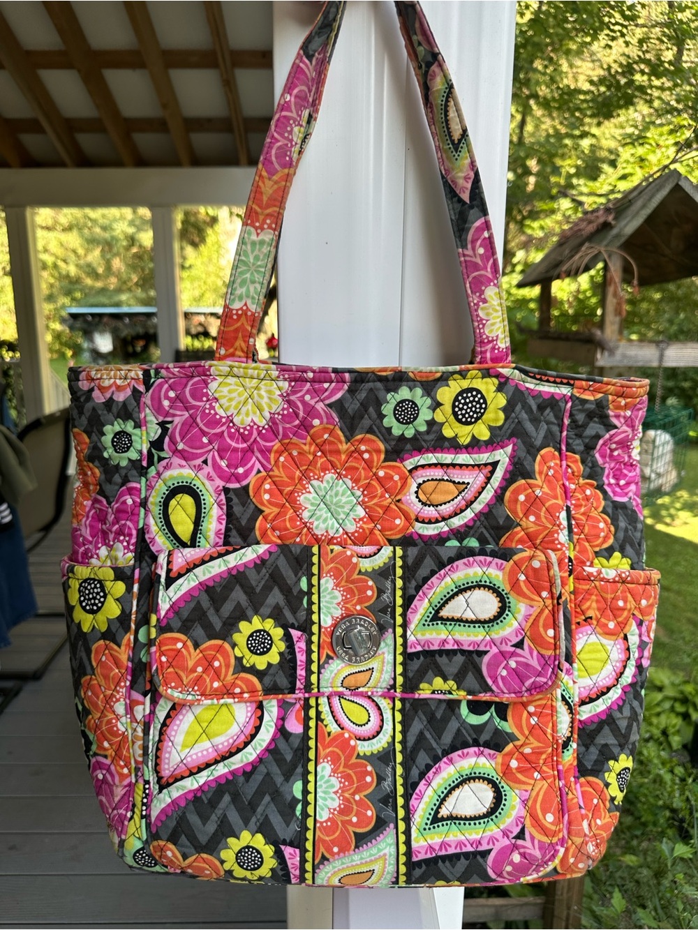 Vera Bradley Retired Ziggy Zinnia Quilted Tote with Pink, Orange & Yellow - Picture 1 of 7